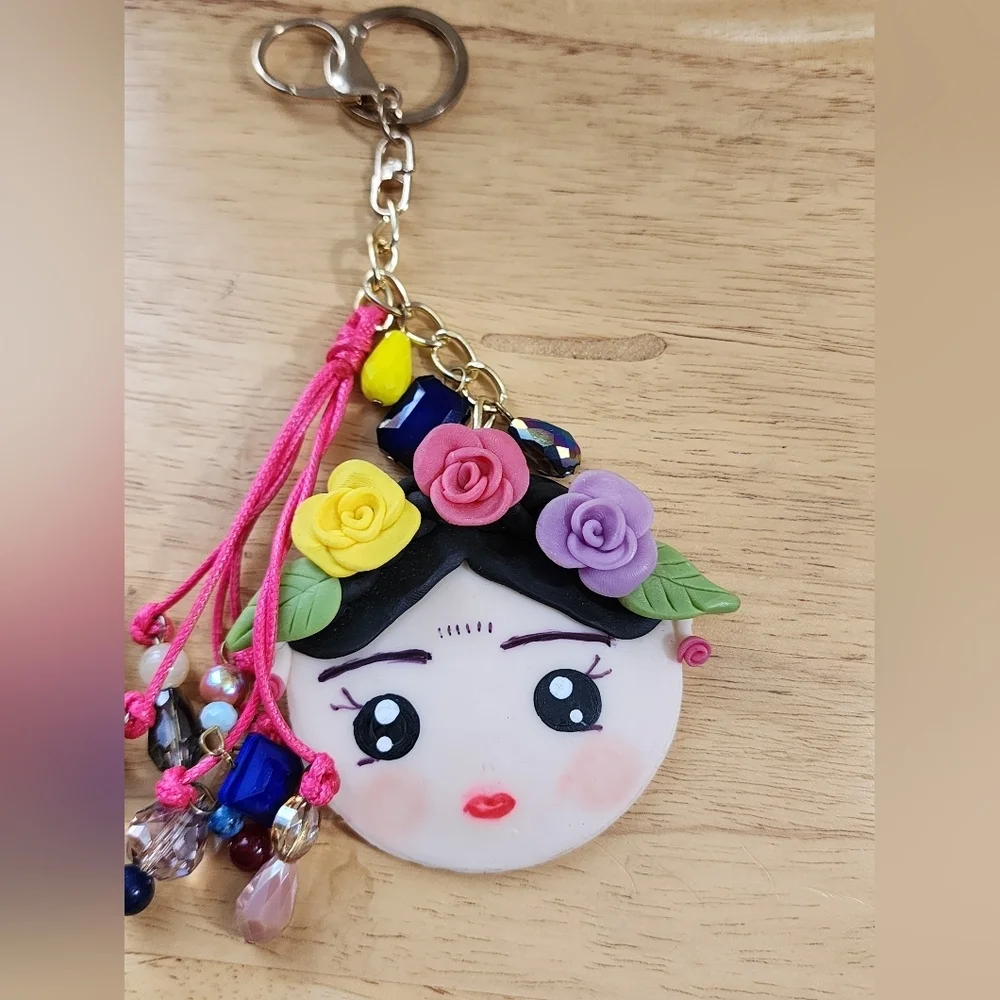 2 Handmade French Clay Frida Kahlo Keychain Colorful Artisan Bag Charm